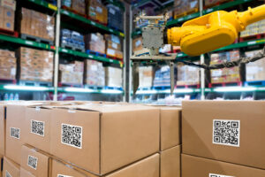 Smart logistic industry 4.0 , QR Codes Asset warehouse and inventory management supply chain technology concept.